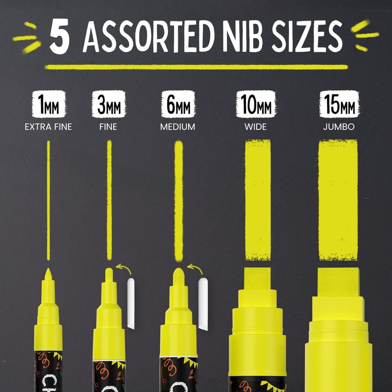Chalkola 5 Yellow Chalkboard Chalk Markers - Yellow Dry Erase Markers for Blackboard, Chalkboard Signs, Windows, Glass | Variety Pack - Fine & Jumbo Size Ink Pen (1mm, 3mm, 6mm, 10mm, 15mm) - Image 2